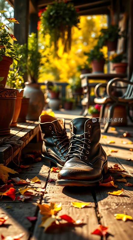 秋日阳光下的黑色皮鞋与落叶