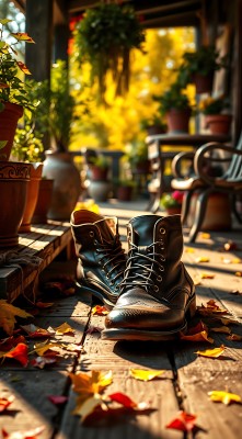 秋日阳光下的黑色皮鞋与落叶 秋日阳光下的黑色皮鞋与落叶