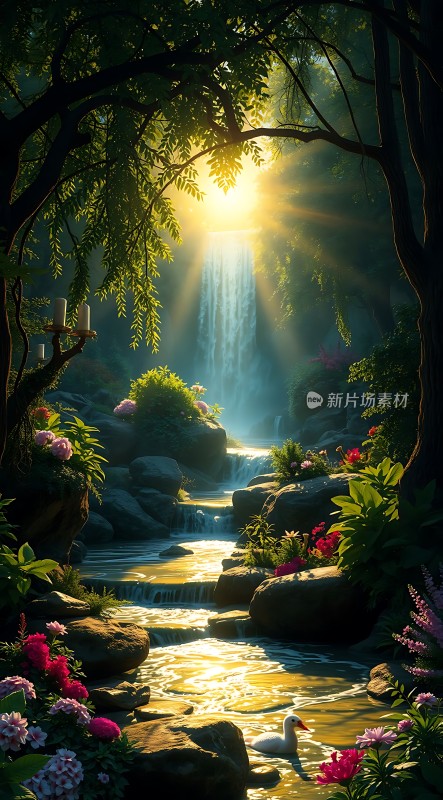 阳光下的瀑布与溪流