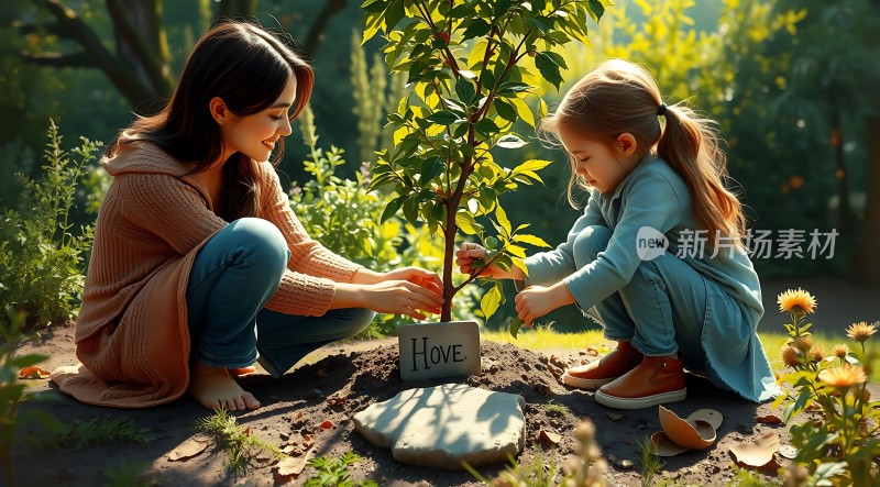 母女合力种希望树