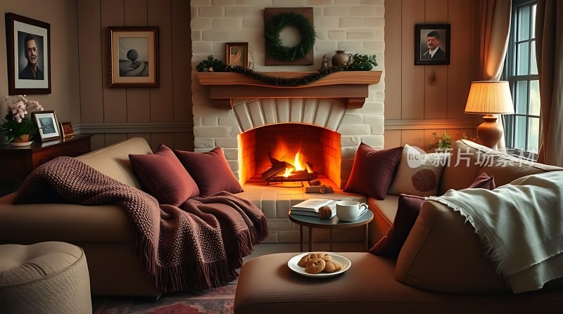 温馨壁炉客厅舒适沙发与茶几
