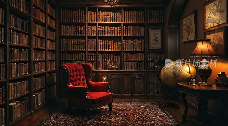 古色古香书房红色沙发椅与书架相映成趣