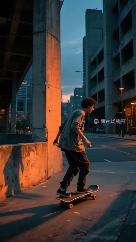 滑板少年在黄昏时分街头滑行