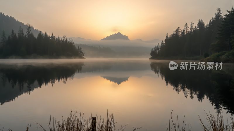 晨曦映照下的静谧湖面