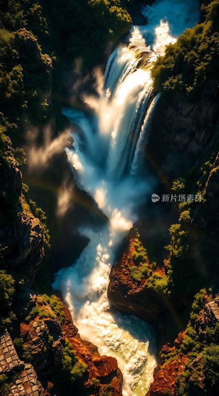 瀑布飞流直下彩虹映照其中自然美景令人陶醉