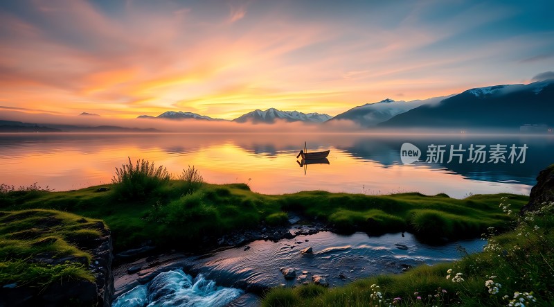 湖畔日落映山川