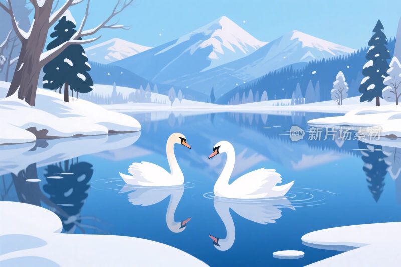 冰湖天鹅雪景插画