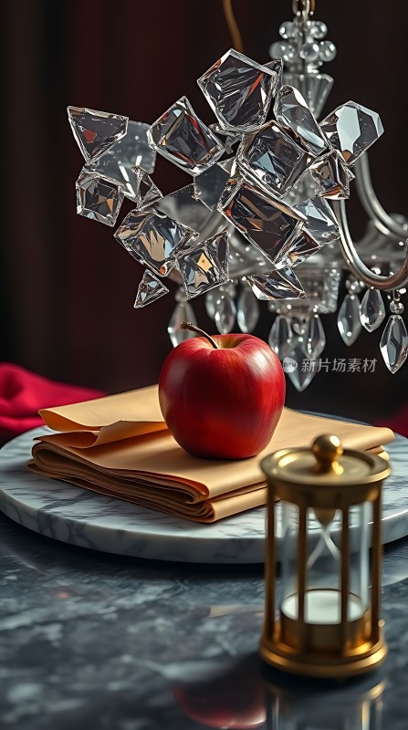 晶莹吊灯下的红苹果与金色烛台