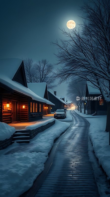 雪夜月光下的温馨小屋