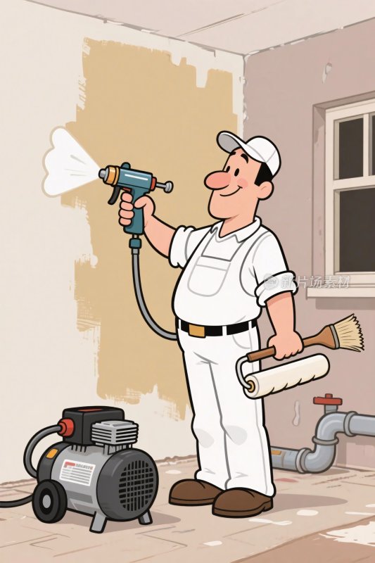 工人在室内喷涂墙面