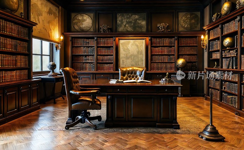 古董书房书架、地球仪和木制家具