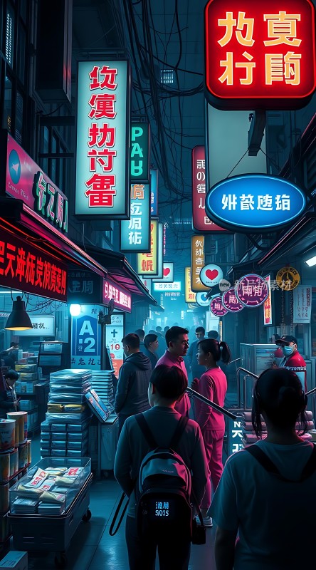 霓虹灯下的繁华夜市