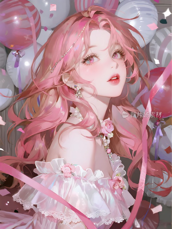 粉色长发少女与气球背景