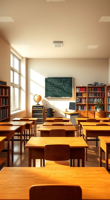 阳光洒满教室书桌椅排列整齐黑板上有数学公式窗户透进自然光