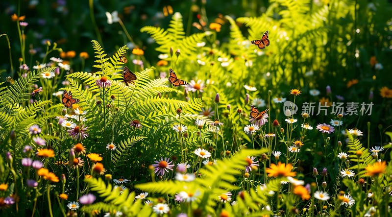 阳光下的花丛与蝴蝶