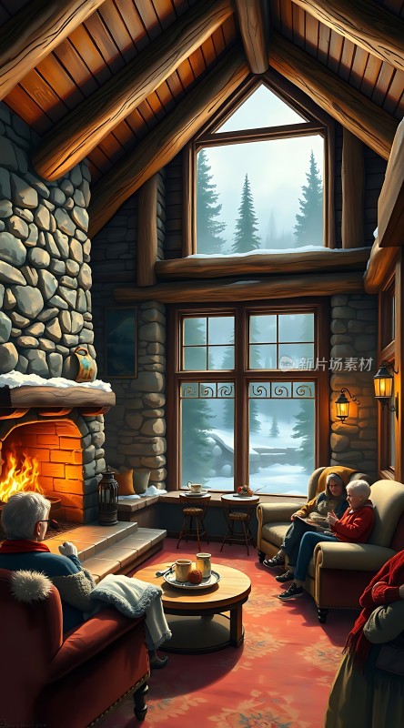 冬日暖炉旁温馨家庭聚会