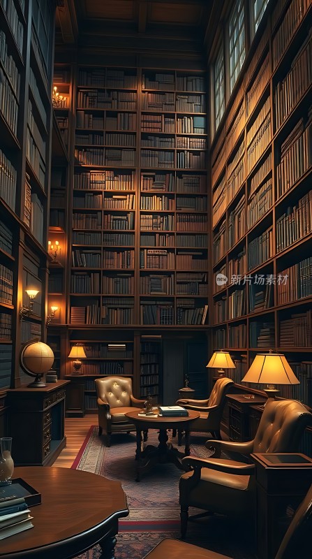 古色古香的书房高耸的书架和舒适的座椅
