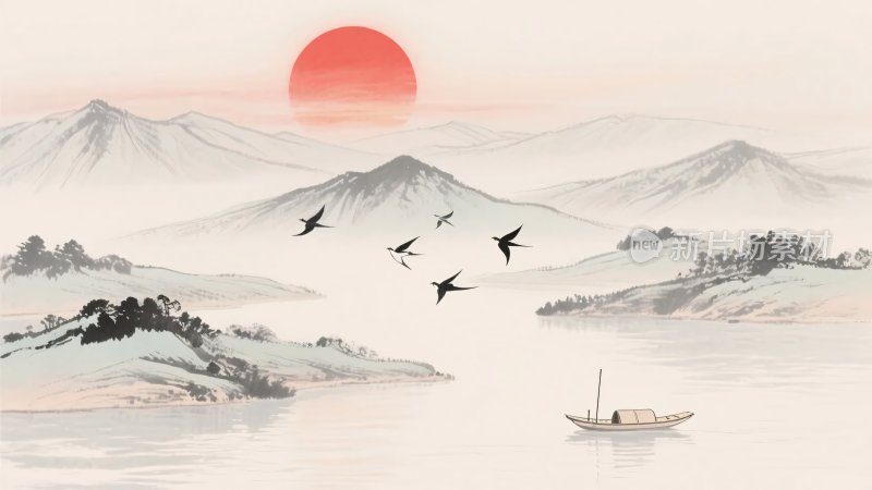 中式山水日出飞鸟图