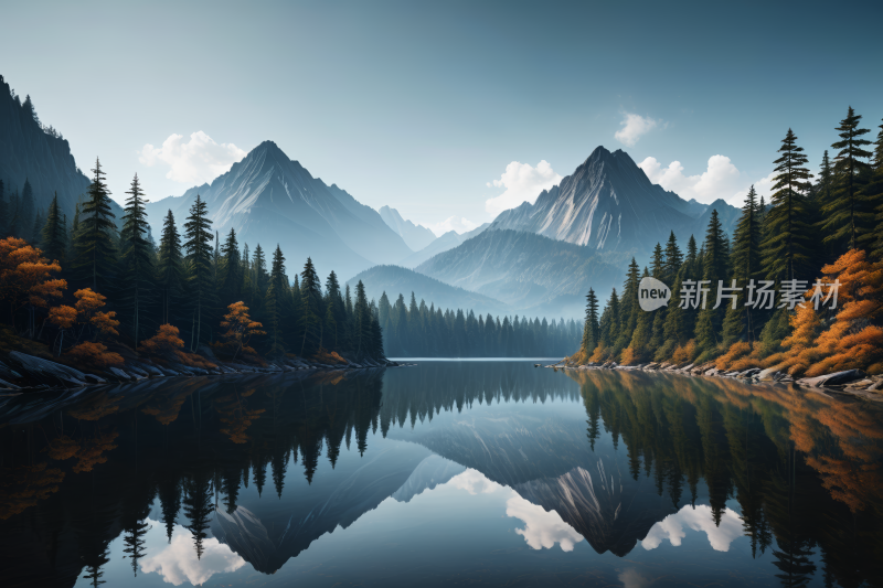 一个湖一座高山清风景插画图片