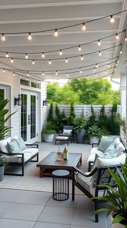 户外休闲区绿意盎然灯光璀璨舒适座椅享受美好时光