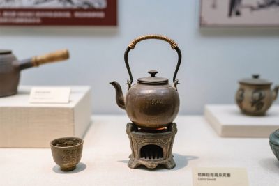 展示架上的古旧茶壶茶具