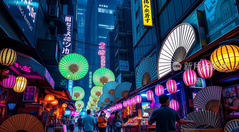 霓虹灯下的繁华夜市