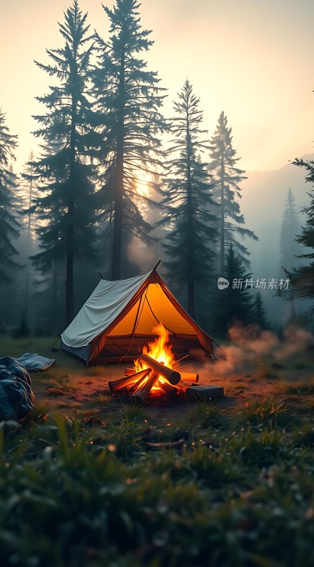晨曦中的露营篝火与帐篷