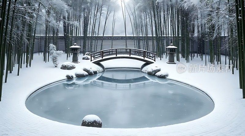 雪中竹影映小桥
