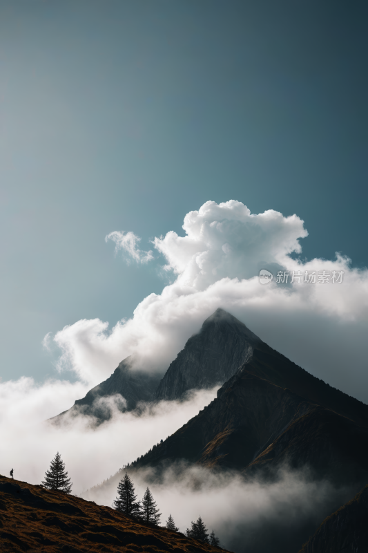 一个孤独的人站在山上高山清风景图片