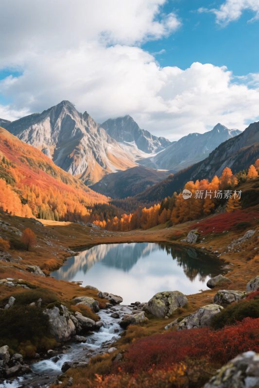 秋日山间湖泊美景