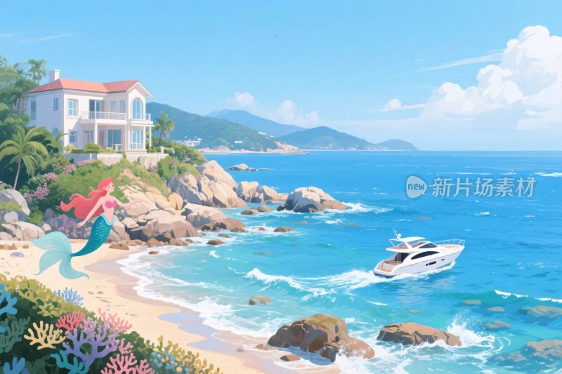 海边美人鱼与游艇风景