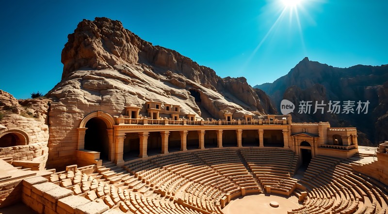 阳光下的古老剧场石雕建筑与自然景观相映成趣