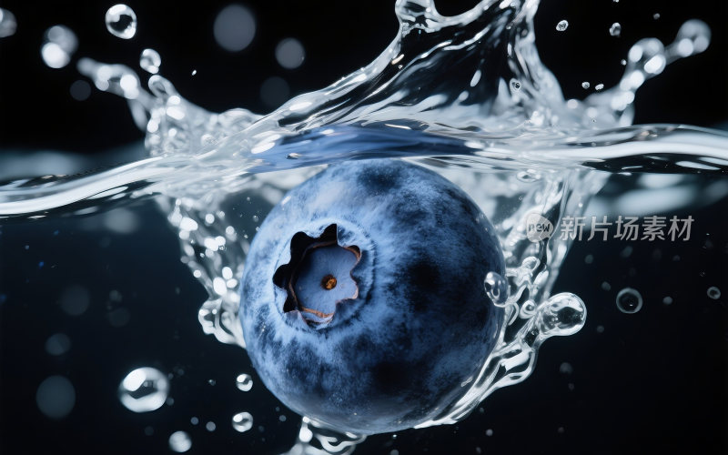 新鲜的蓝莓掉入水中