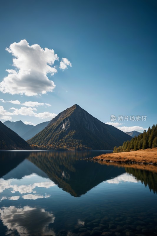 山倒映在湖的静水中高清图片