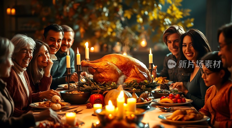 温馨家庭聚餐共享感恩节大餐
