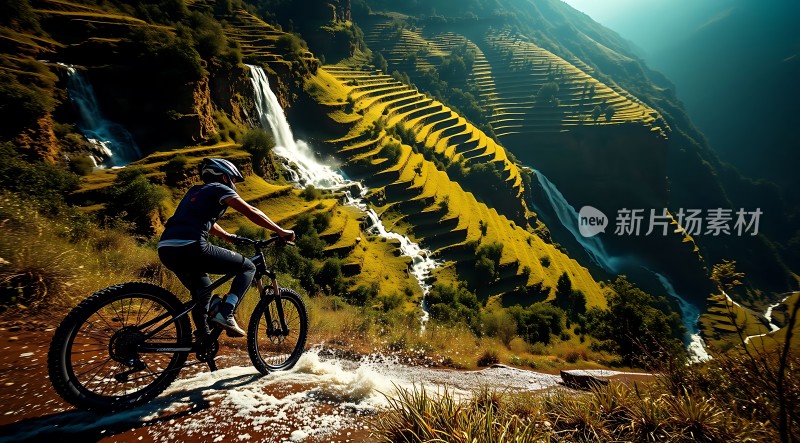 骑行者穿越梯田瀑布间