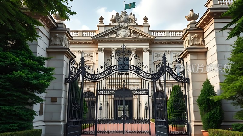 **绿树环绕下的宏伟宫殿大门**