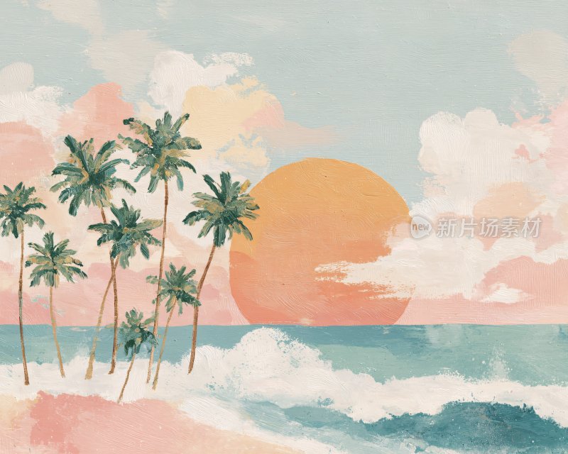 海边日落棕榈树插画
