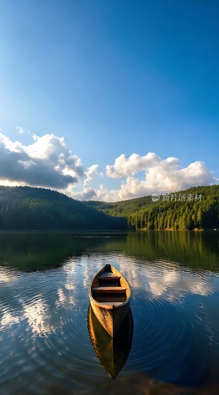 湖畔独木舟静谧自然风光