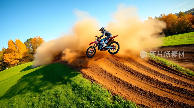 越野摩托飞驰而过扬起尘土飞扬