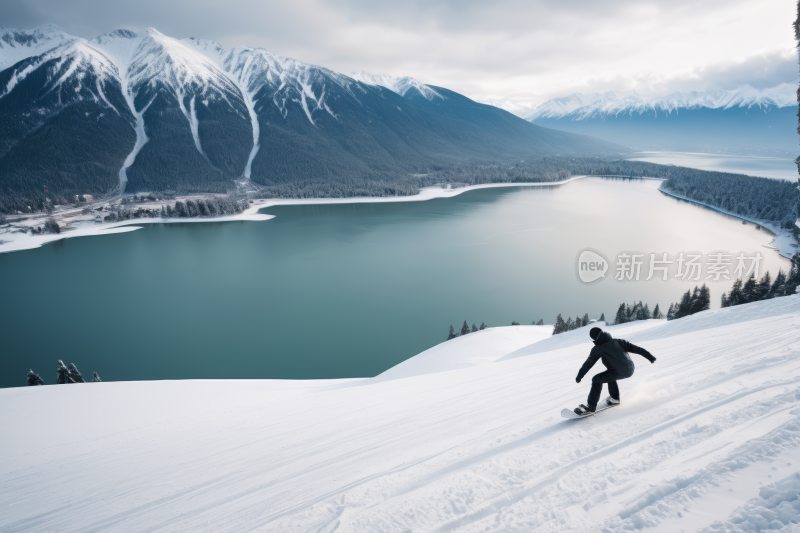 滑雪者在陡峭的斜坡上湖泊风光风景图片