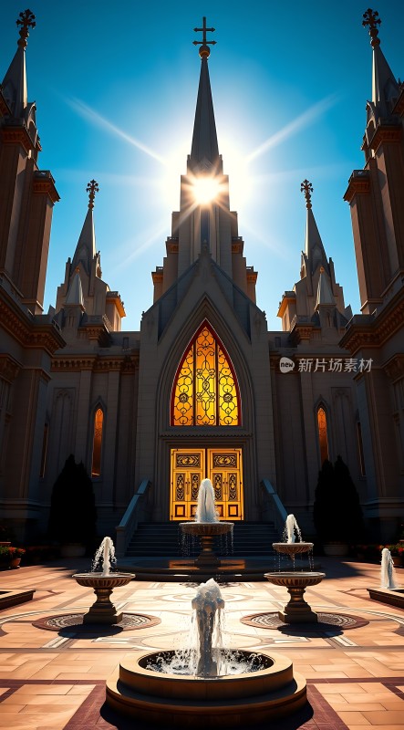 阳光下的宏伟教堂喷泉