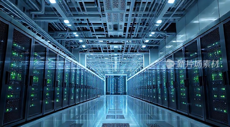数据中心内部服务器机柜排列整齐灯光闪烁科技感十足