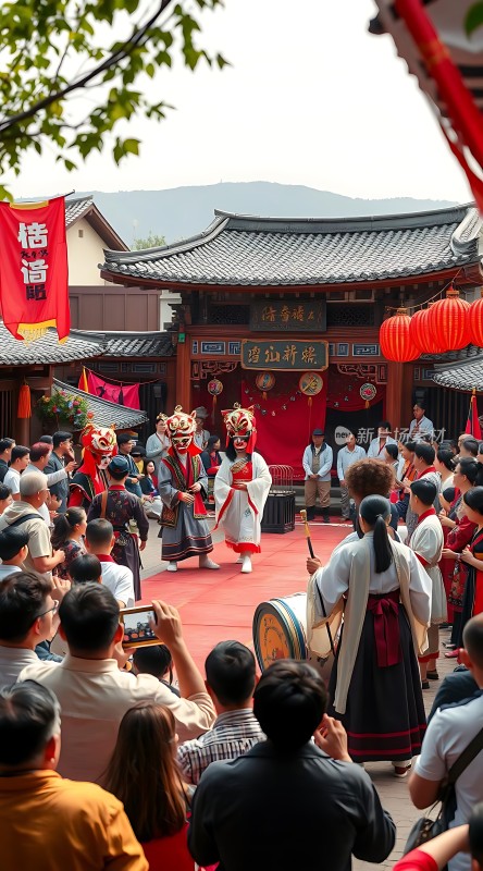 传统节日庆典舞狮表演吸引众多观众