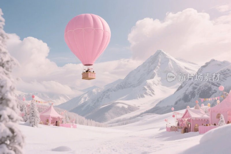 粉色热气球雪景童话