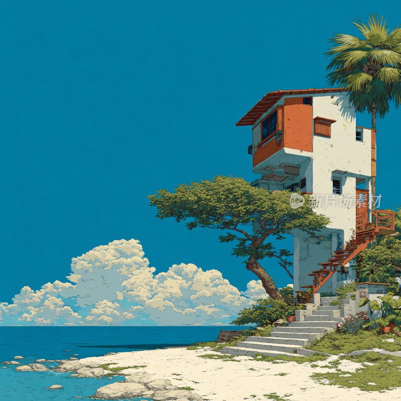 海边独特小屋插画风景