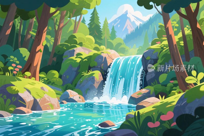 森林瀑布山水插画