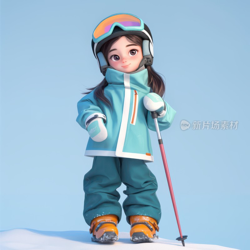 冬季雪地滑雪的男孩女孩3D卡通人物插画