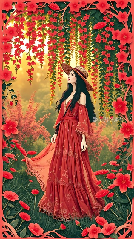 花海中的红裙佳人