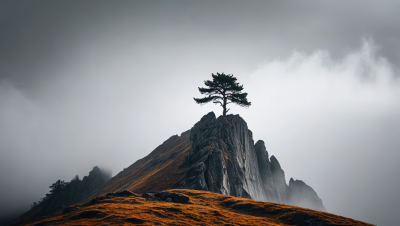 雾蒙蒙山峰上的一棵孤树高清风景图片